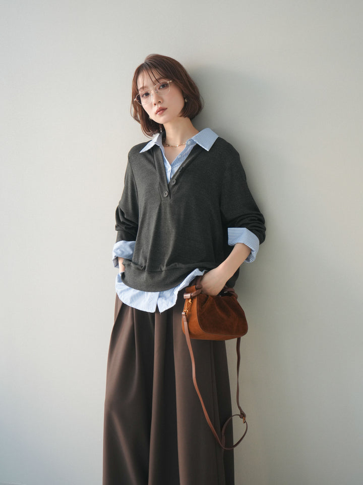 [予約]シャツレイヤードデザインカットプルオーバー/charcoal