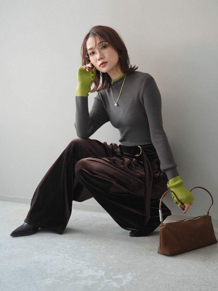 [SET]袖ボタンハイネック配色リブニットトップス+ベロアベルトスリムパンツ(2set)