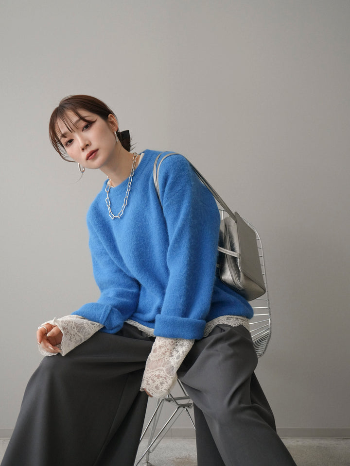 [SET]アンゴラタッチクルーネックニットプルオーバー+テープベルトタックバギーパンツ(2set)