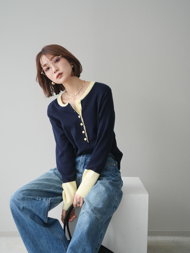 [SET]ヘンリーネック配色ニットソー+ベルト付3Dカーブワイドデニムパンツ(2set)