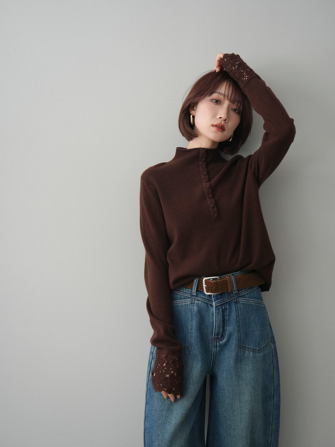 [予約]袖スカラップレースフロントボタンウールニットトップス/brown