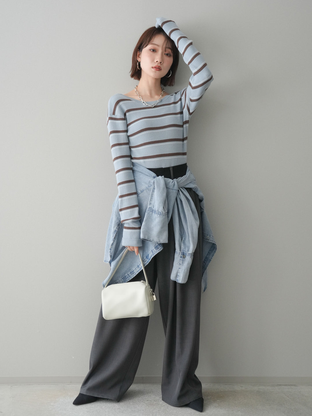 [予約]ウエストバイカラータックワイドパンツ/gray