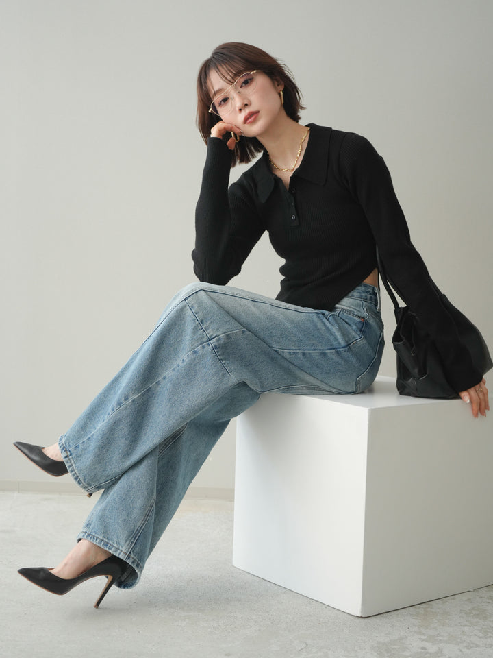 [予約]リブポロニットボディスーツ/black