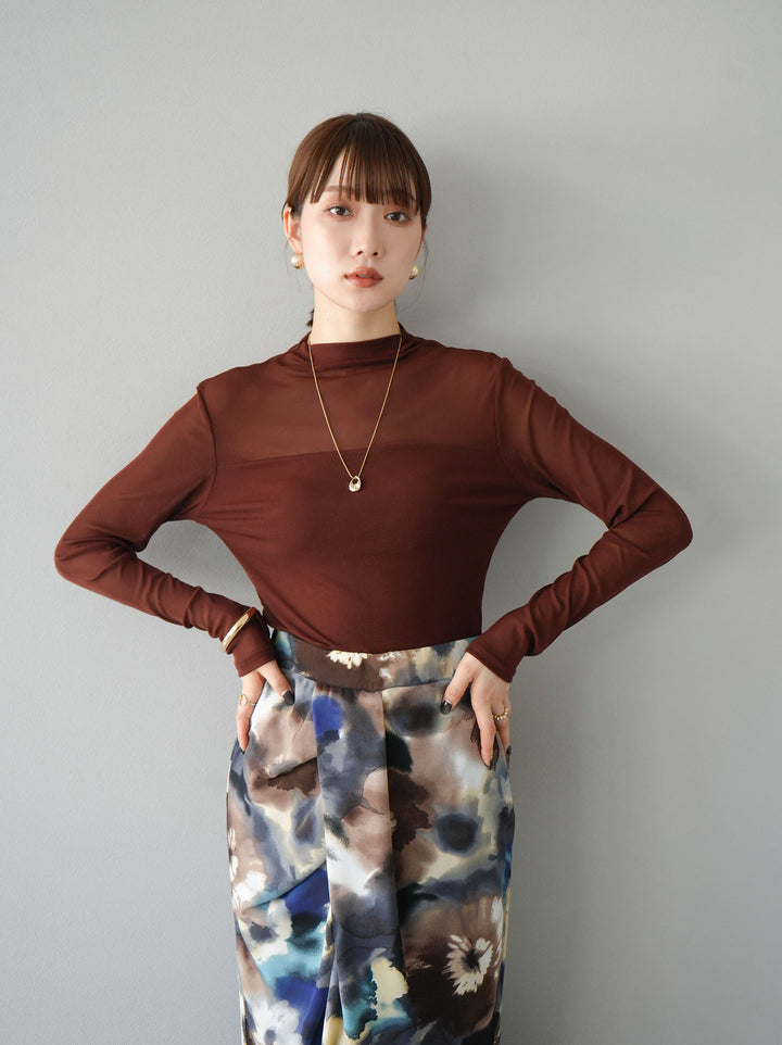 [予約]シアー切替ストレッチ長袖トップス/ブラウン