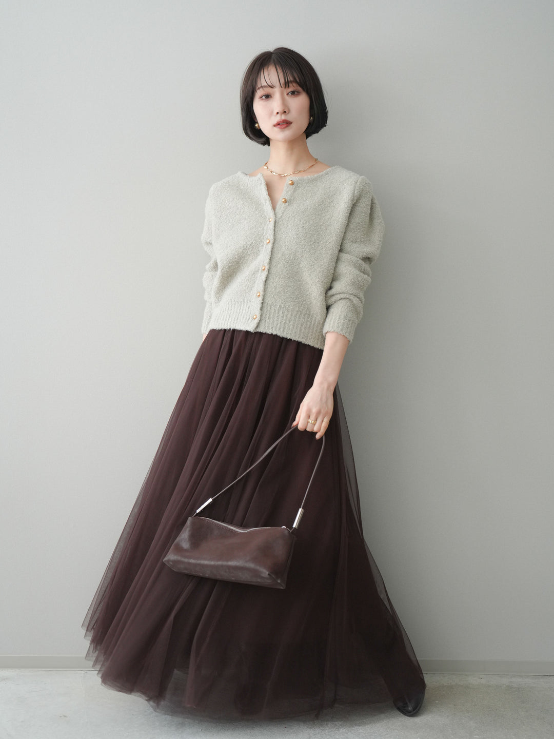[SET]ゴールドボタンブークレニットカーディガン+チュールボリュームスカート(2set)