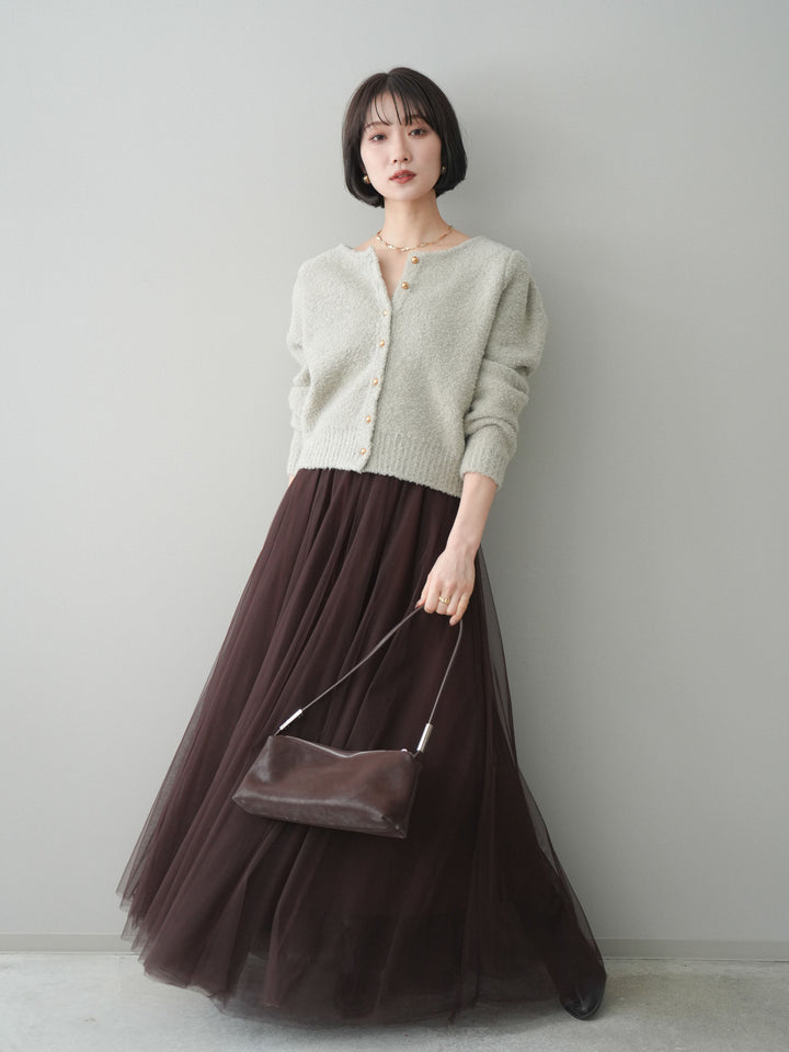 [SET]ゴールドボタンブークレニットカーディガン+チュールボリュームスカート(2set)