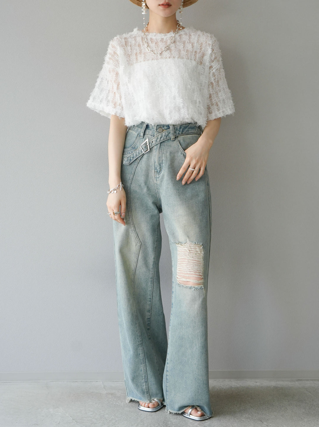 [Pre-order] Fringe Tulle 5/4 Sleeve Over Top/Off-White