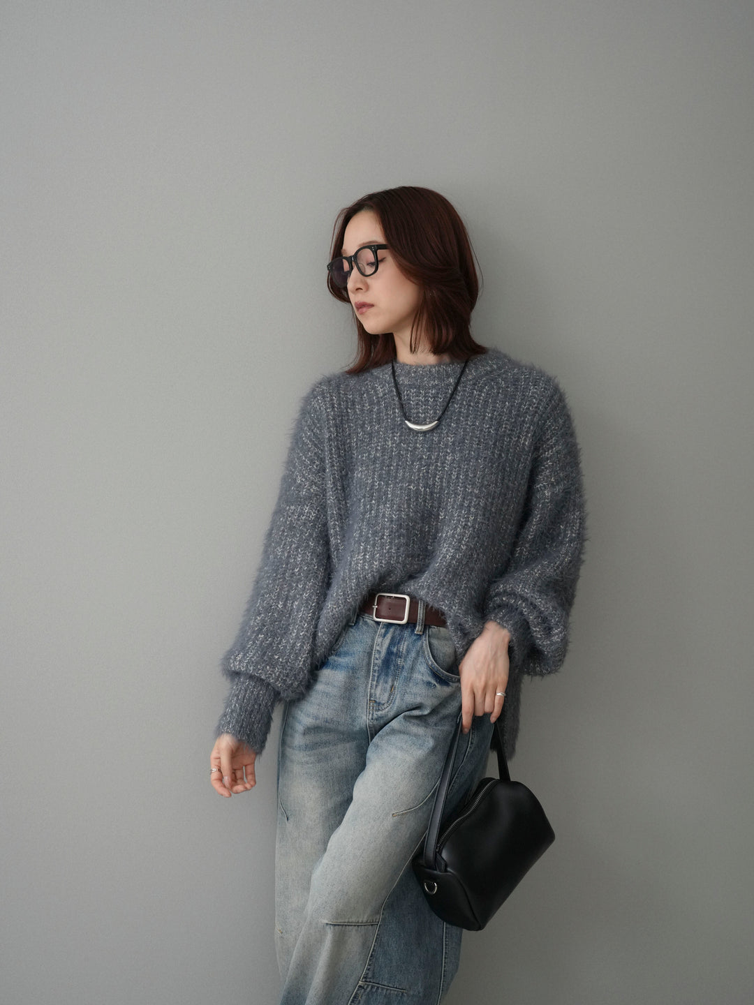 [SET]ボリュームスリーブシャギー MIXニットプルオーバー+ベルト付カーブデニムパンツ(2set)