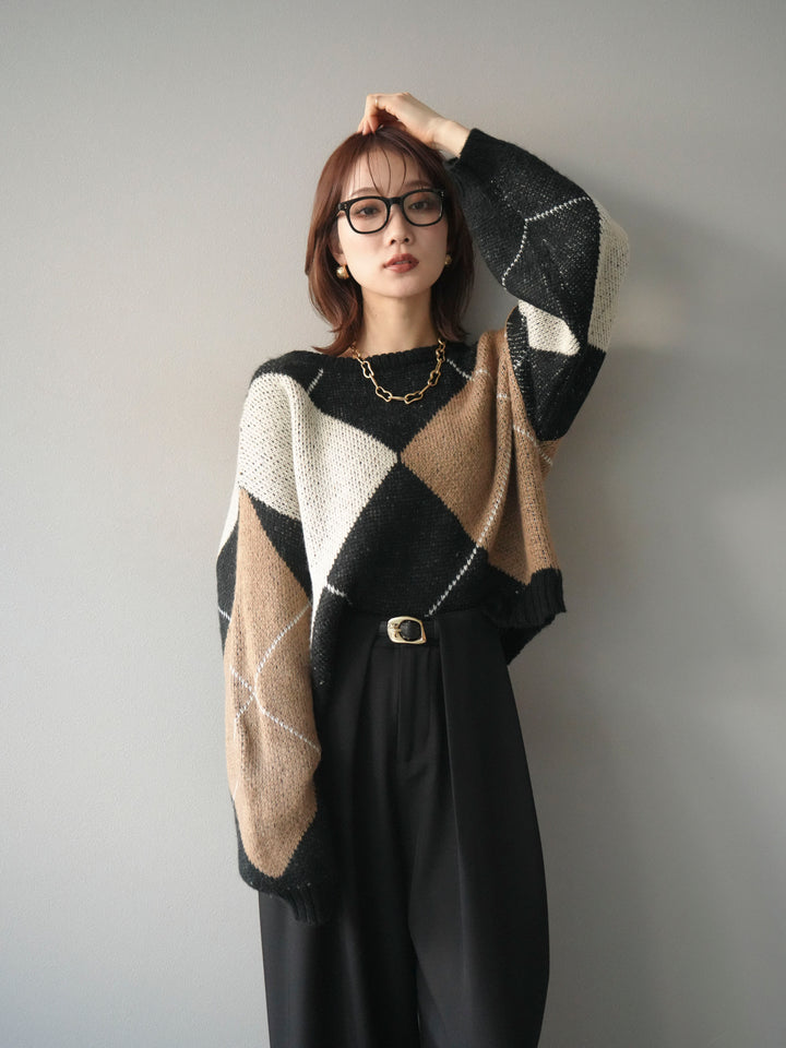 [SET]配色ステッチアーガイル柄ニットプルオーバー+選べるアクセセット(2set)