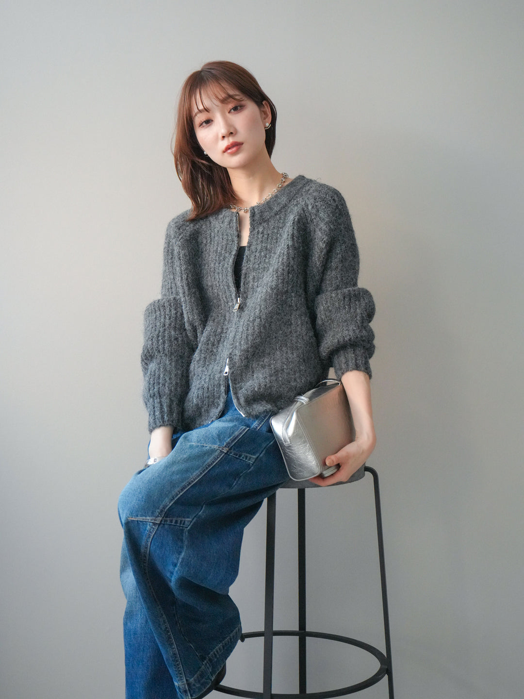 [予約]MIXヤーンモヘアタッチZIPニットカーディガン/gray