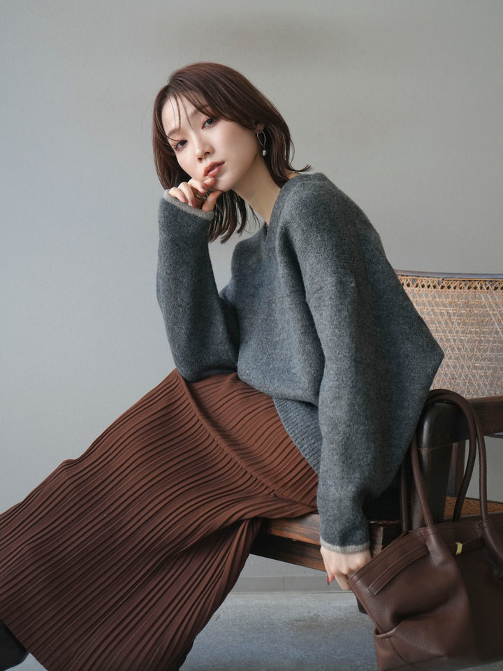 [SET]Vネック配色スリーブニットプルオーバー+選べるアクセセット(2set)