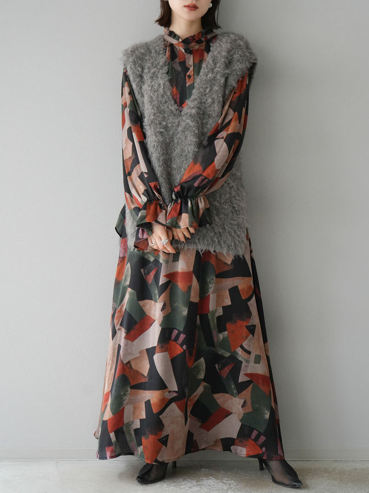 [予約]ウール混ミックスヤーンニットベスト/モカ