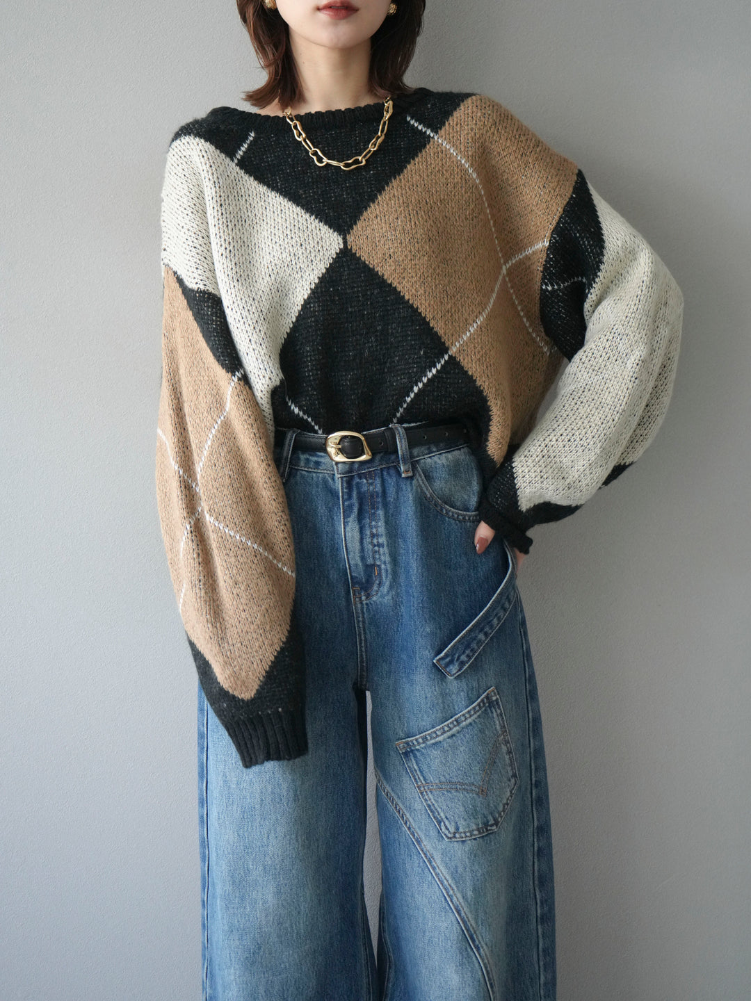 [予約]配色ステッチアーガイル柄ニットプルオーバー/black