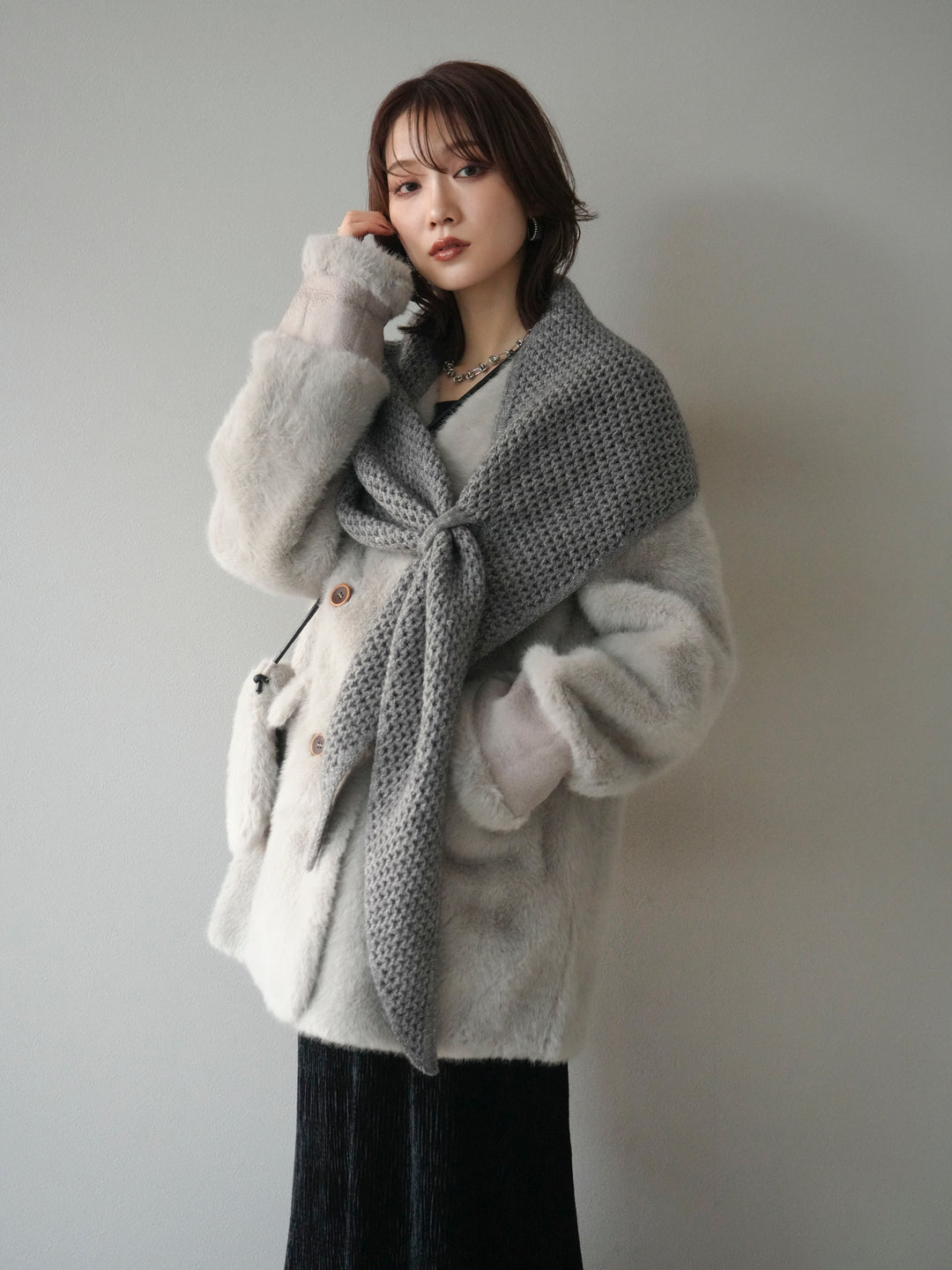 [予約]バッグ付エコファーノーカラーコート/gray