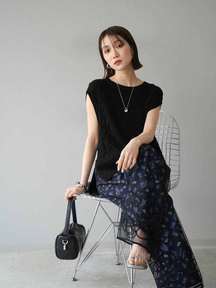 [SET]コード刺繍チュールレイヤードパンツ+ブーケプリントタックパンツ(2set)