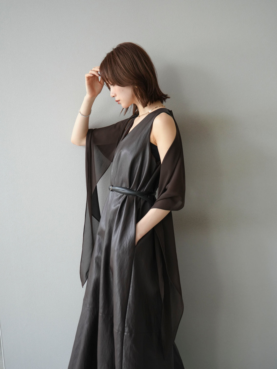 [予約]レザーAラインワンピース/ブラウン