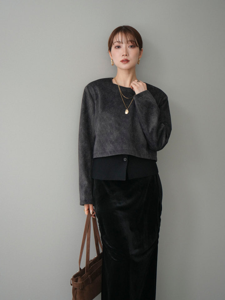 [予約]リブニットレイヤードスエードプルオーバー/charcoal