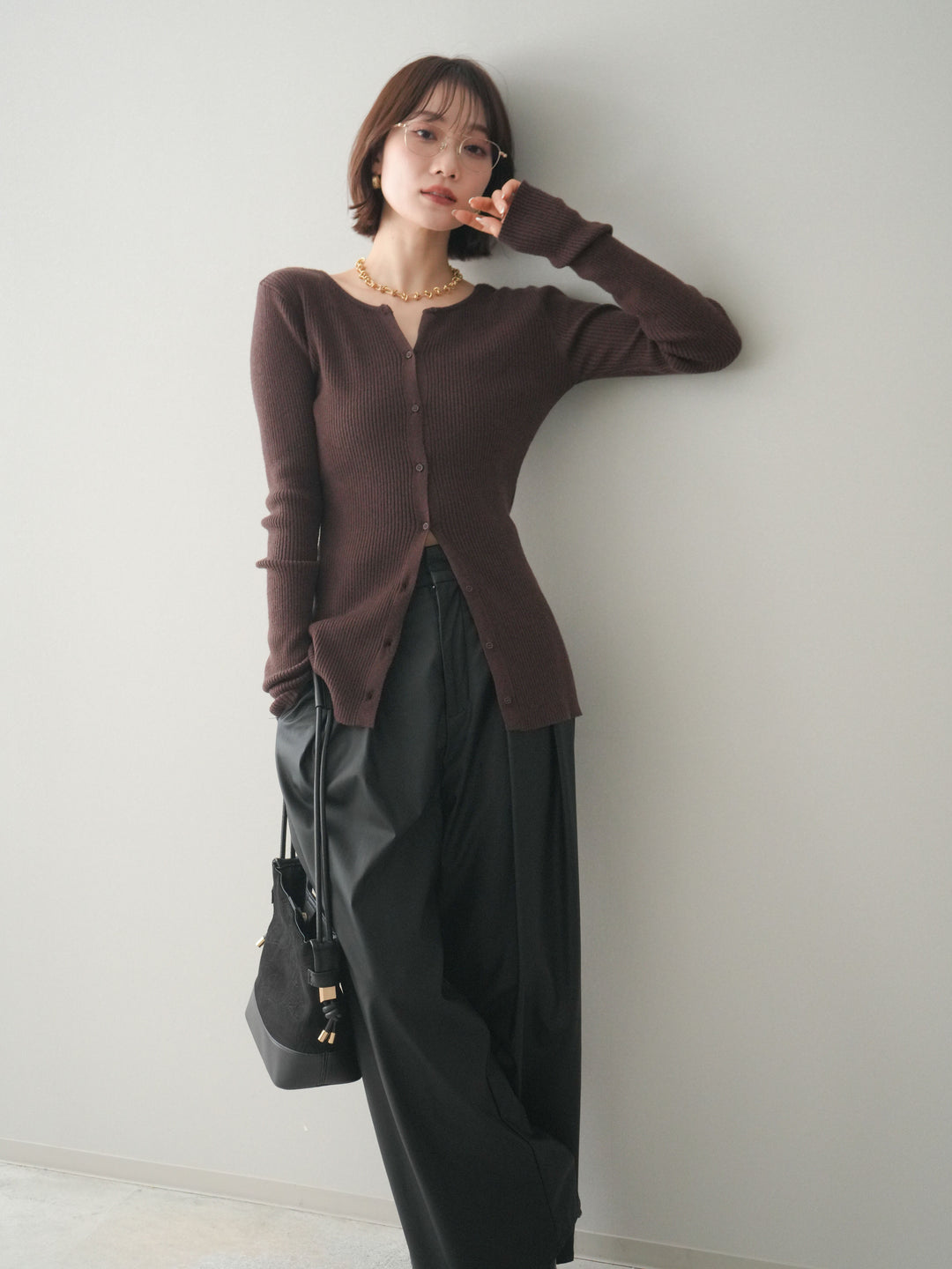 [予約]前後2WAYリブ編みクルーネックカーディガン/darkbrown