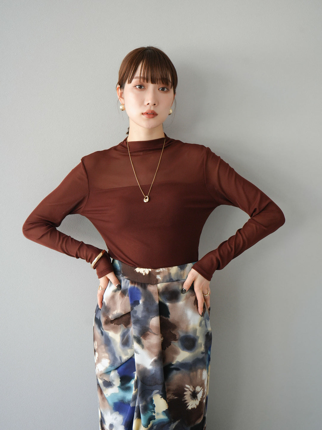 [SET]シアー切替ストレッチ長袖トップス+シアー切替ストレッチトップス(2set)