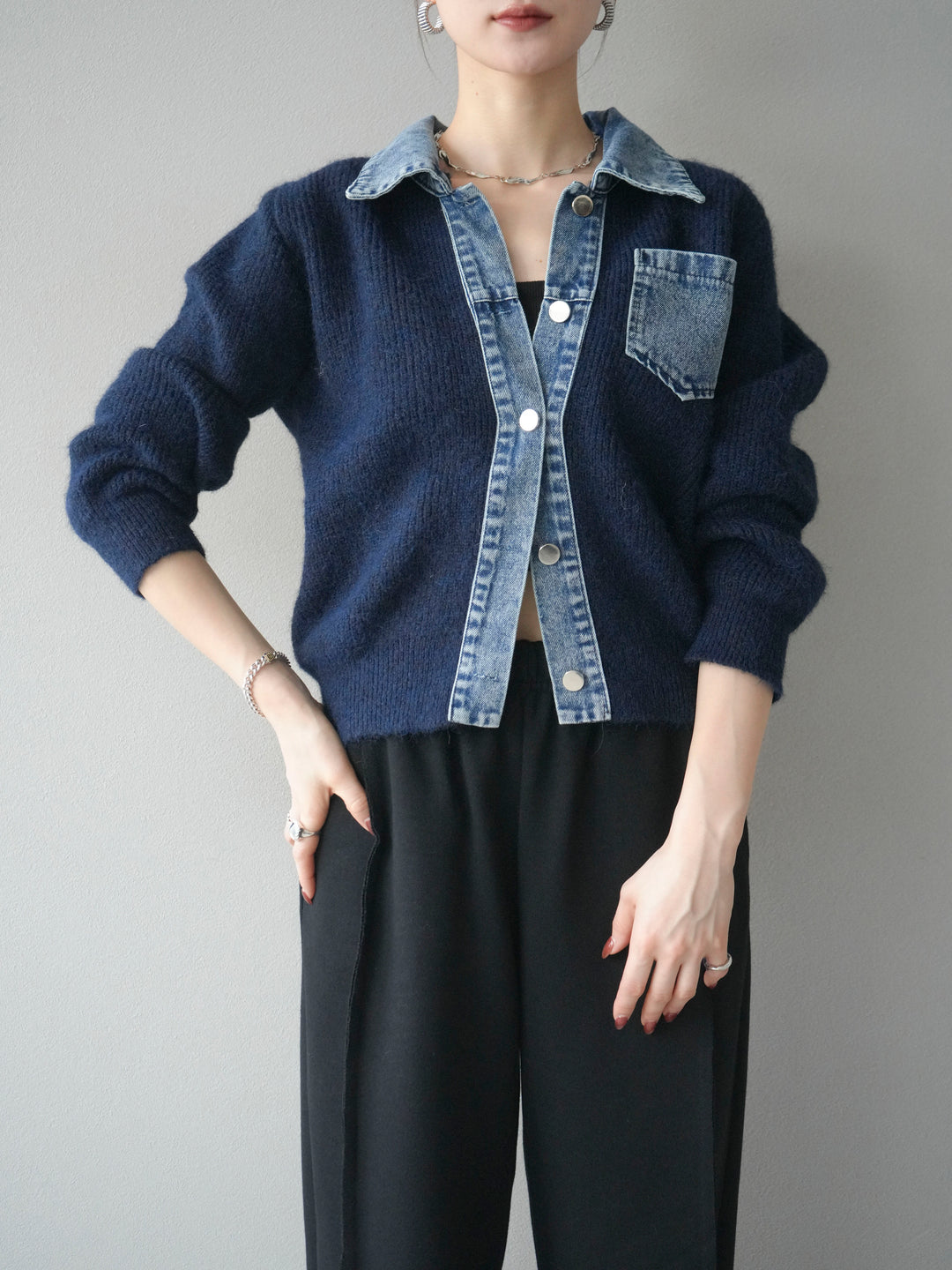 [予約]デニム襟ポケットニットカーディガン/navy