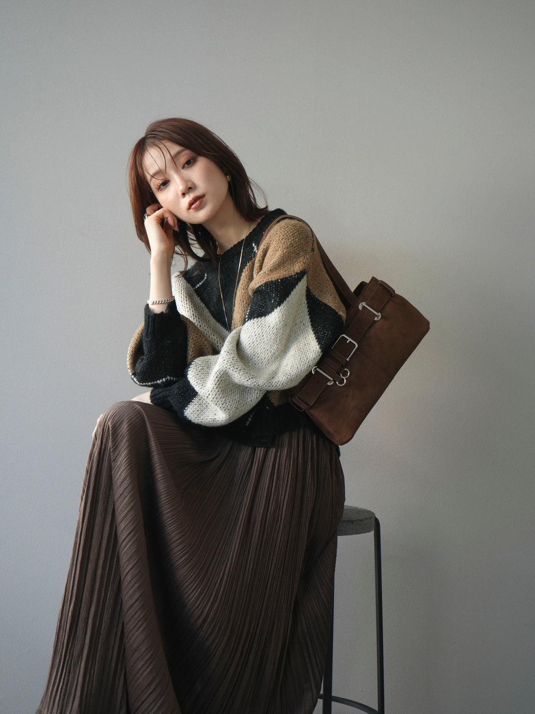 [予約]配色ステッチアーガイル柄ニットプルオーバー/black