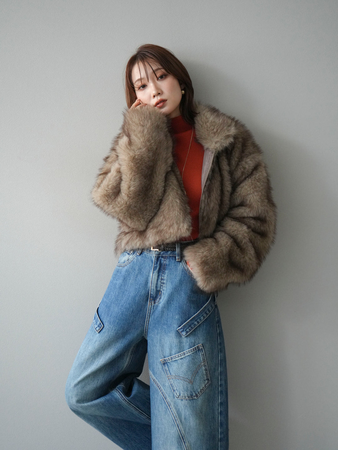 [予約]フェイクファーショートZIPジャケット/brownmix