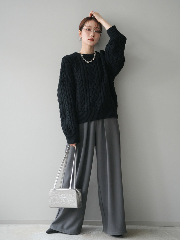 [SET]ボリュームケーブルニットプルオーバー+ベルトループデザインワイドパンツ(2set)