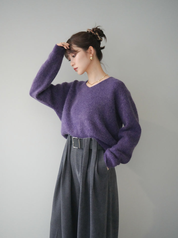 [予約]シュシュ付きアンゴラタッチVネックニットプルオーバー/purple