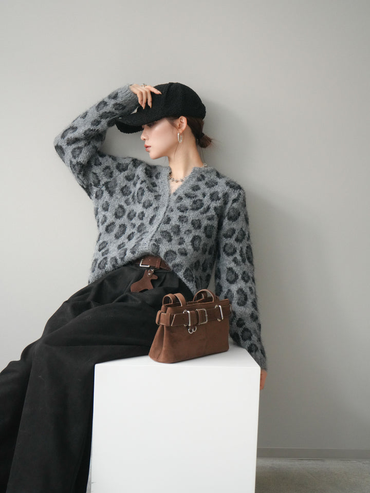 [予約]モヘアタッチレオパード柄ニットカーディガン/gray