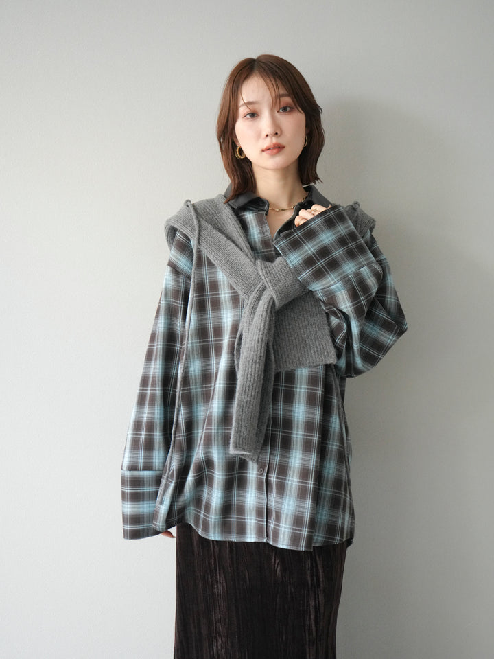 [SET]レザー襟オンブレチェックオーバーシャツ +クラッシュベロアナロースカート(2set)