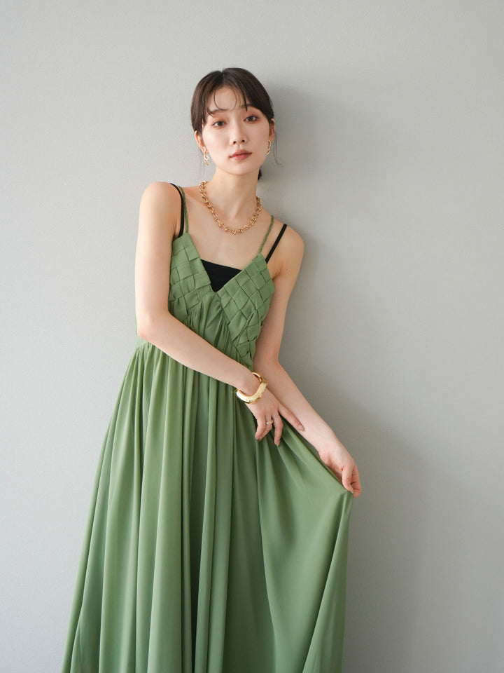 [SET]編み込みデザインシフォンワンピース+カップ付テレコリブベアキャミソール(2set)