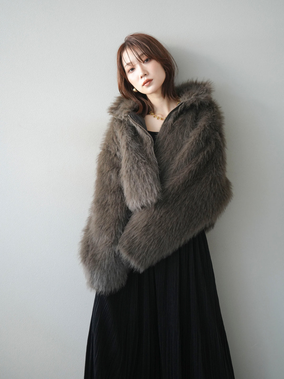 [予約]フェイクファーショートZIPジャケット/brown