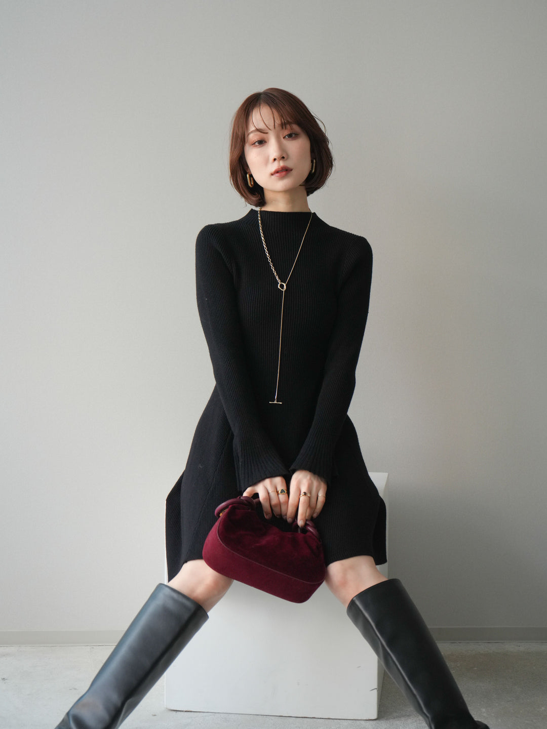 [予約]フレアリブニットミニワンピース/black