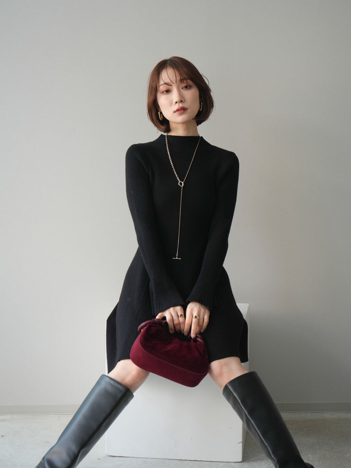 [予約]フレアリブニットミニワンピース/black