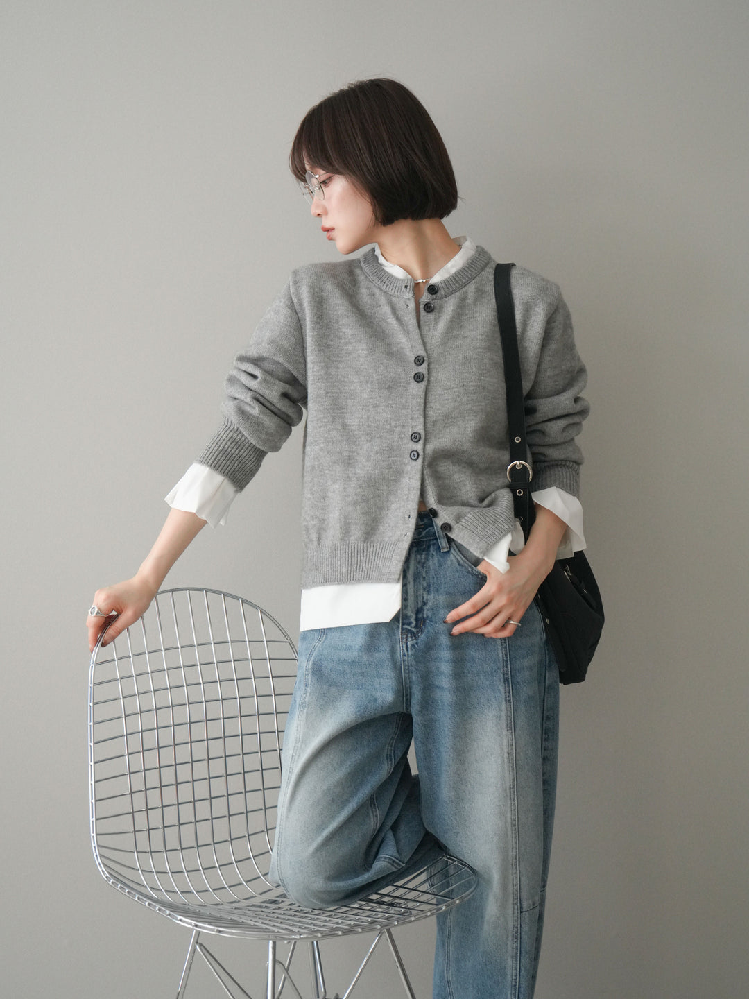 [SET]布帛ドッキングニットカーディガン+ガーメントウォッシュカーブデニムパンツ(2set)