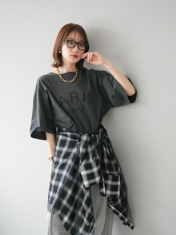 [SET]ピグメントロゴプリントTシャツ+2WAYデザインスウェットパンツ+チュールドッキングチェック柄オーバーサイズシャツ(3set)