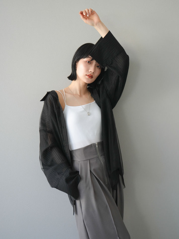 【預購】薄紗對接透視條紋大袖口oversized襯衫/黑色