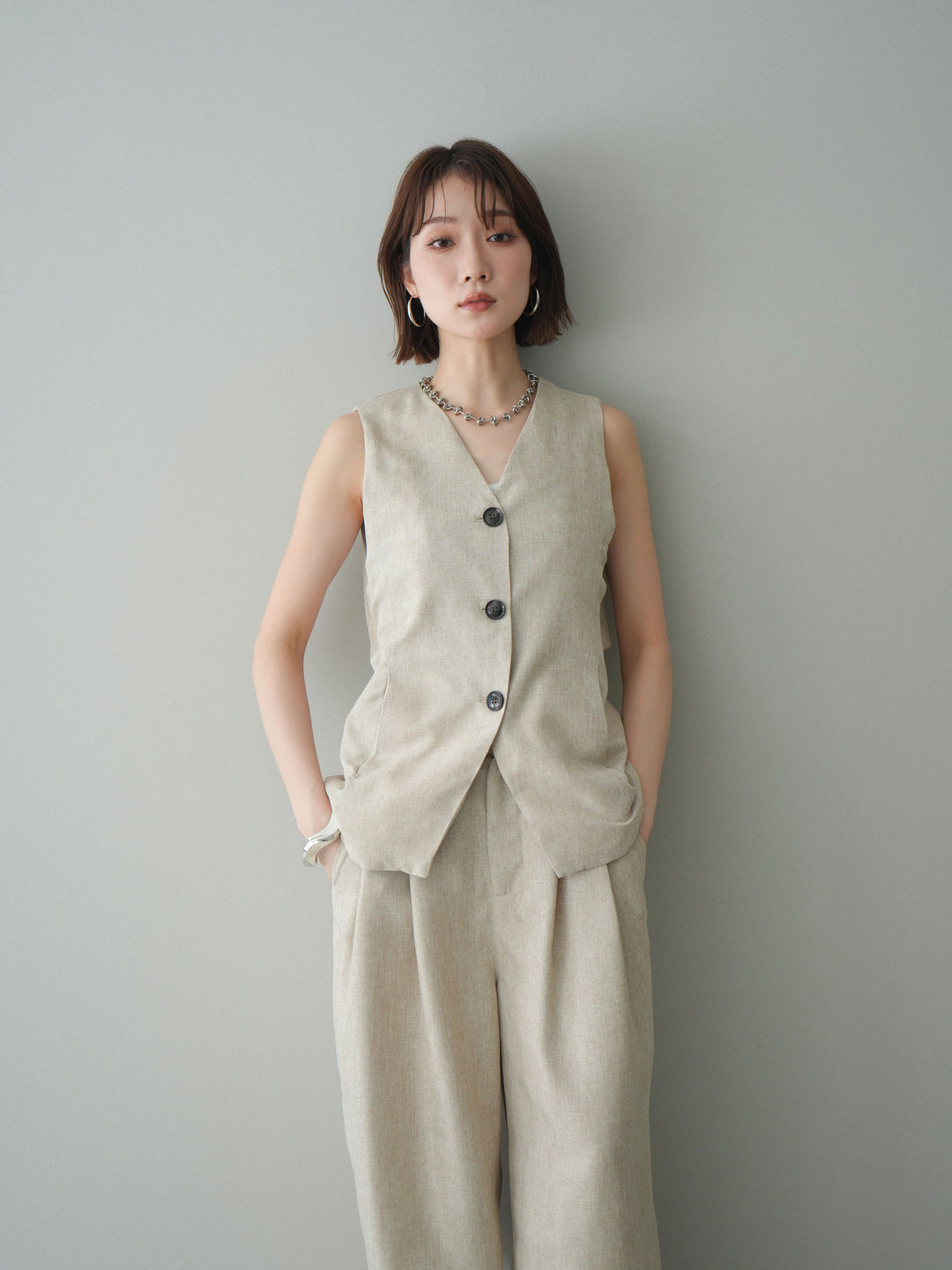 [SET]リネンライクバックオープンジレ+リネンライクタックワイドパンツ(2set)