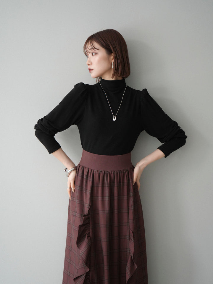 [SET]プチネックパワーショルダー起毛トップス+チェック柄フリルハイウエストマキシスカート(2set)
