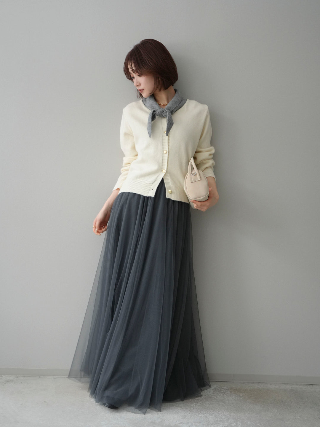 [SET]デザイン襟ニットカーディガン+チュールボリュームスカート(2set)