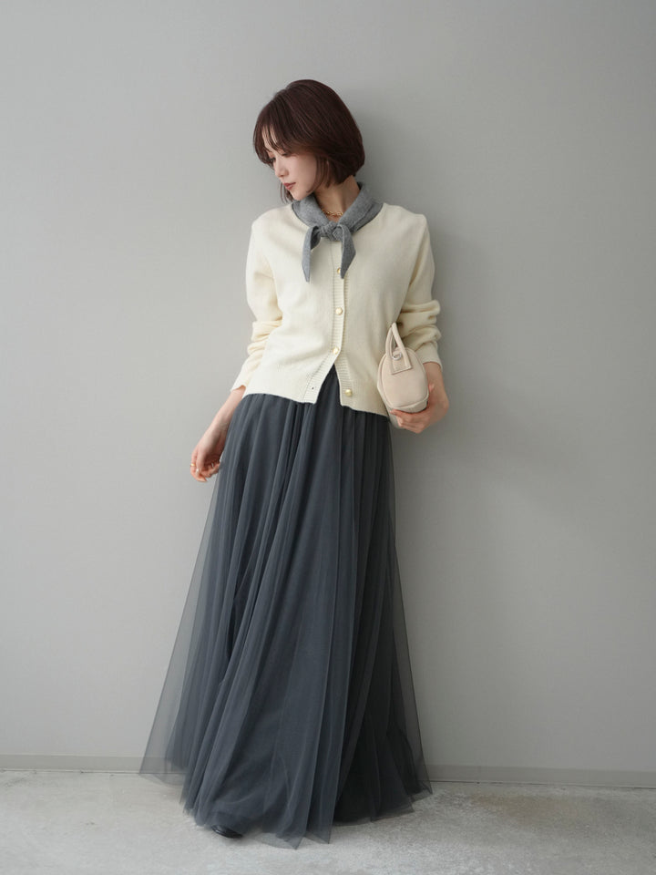 [SET]デザイン襟ニットカーディガン+チュールボリュームスカート(2set)