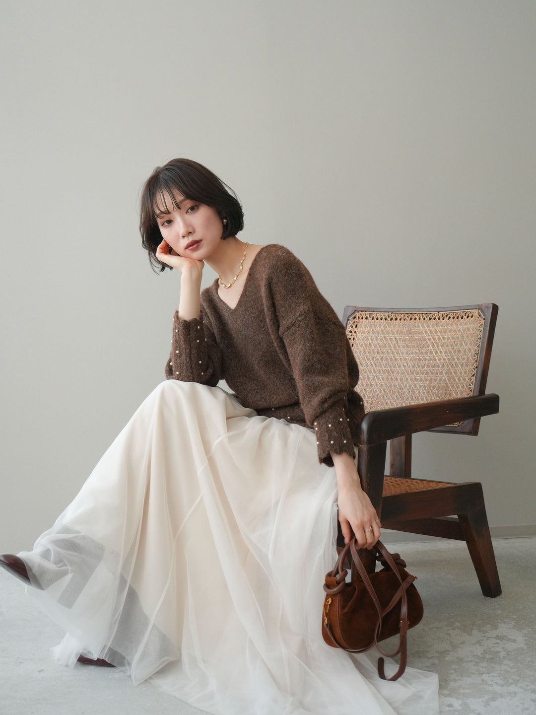 [SET]パールフリルリブヘムニットプルオーバー+選べるアクセセット(2set)