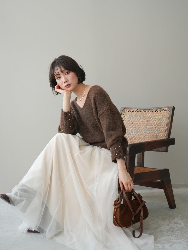 [SET]パールフリルリブヘムニットプルオーバー+選べるアクセセット(2set)