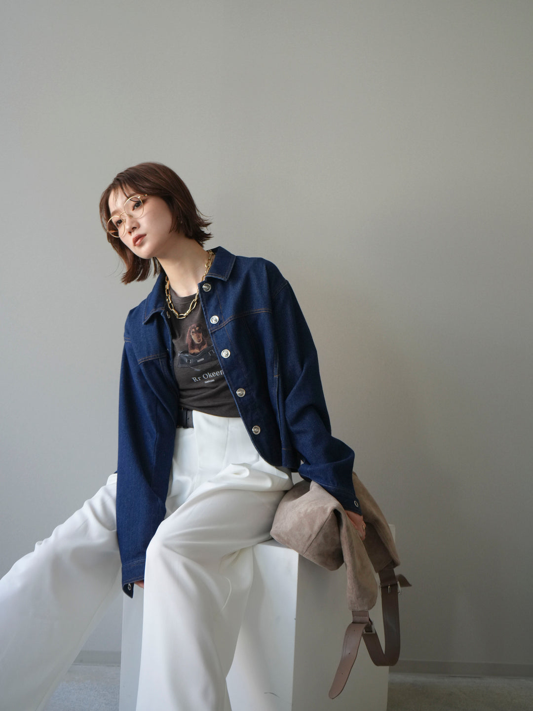 [SET]ラウンドカットコンパクトデニムジャケット+ドッグコンパクトTEE(2set)
