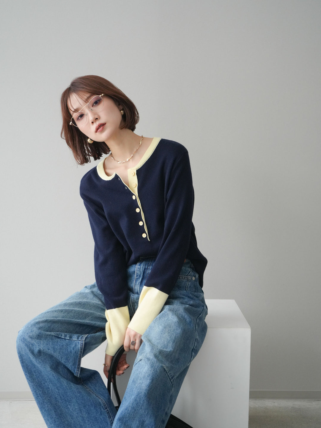 [予約]ヘンリーネック配色ニットソー/navy