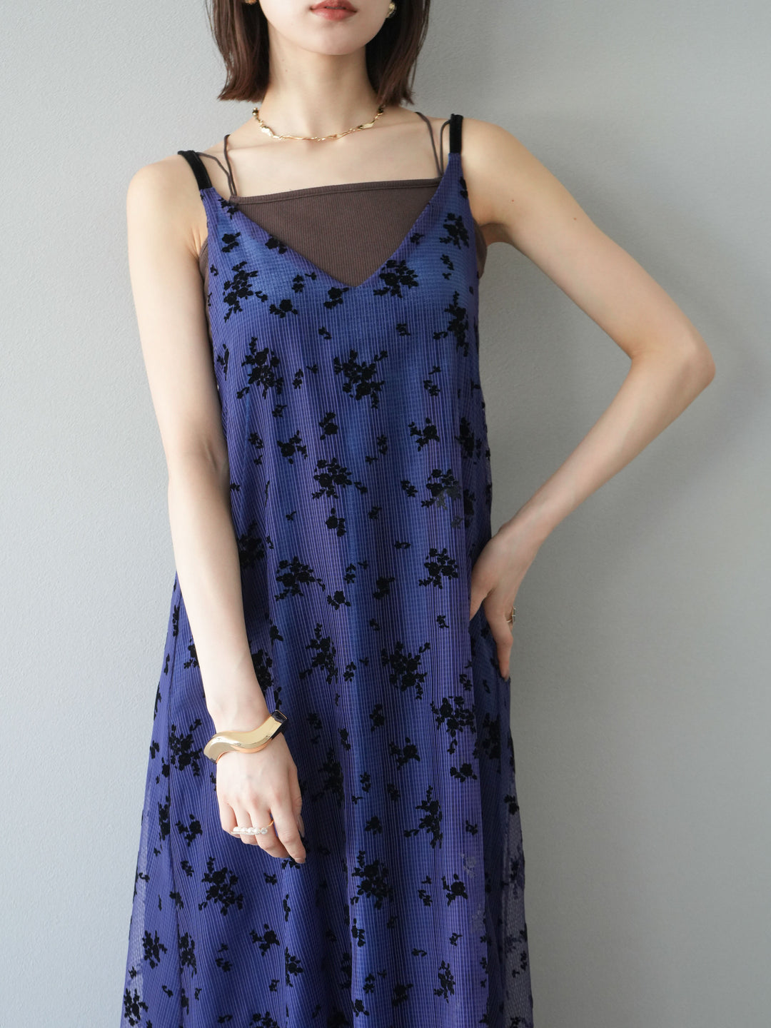 [予約]フロッキーチュールレイヤードベロアキャミワンピース/パープル