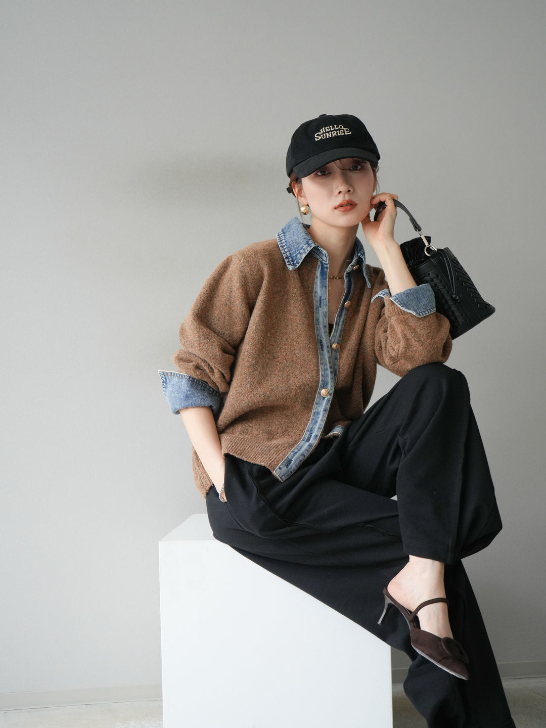 [SET]デニム襟ボタンニットカーディガン+2WAYデザインスウェットパンツ(2set)