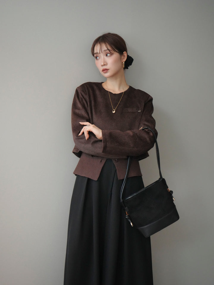 [予約]リブニットレイヤードスエードプルオーバー/brown