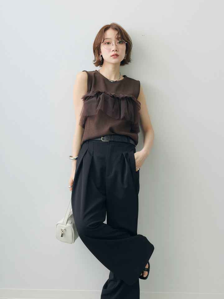 [予約]チュールフリルニットノースリトップス/brown