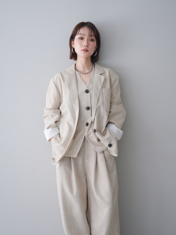 [SET]リネンライクテーラードジャケット+リネンライクバックオープンジレ+リネンライクタックワイドパンツ(3set)
